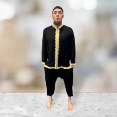 Марокканский традиционный мужской костюм Jabador (Рубаха и штаны) Чёрный с золотой вышивкой S, M, XL